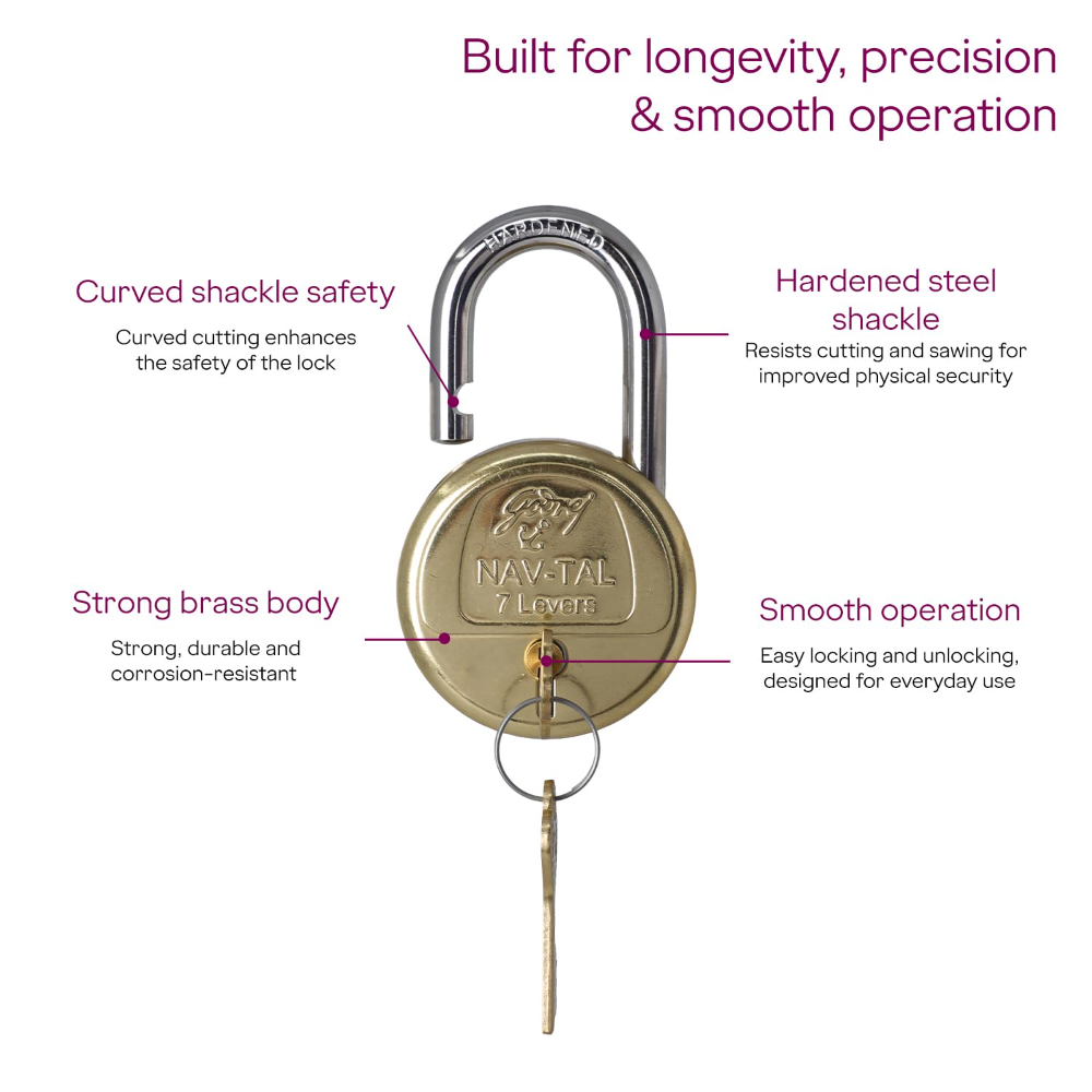 Godrej Locks | Navtal 7 Lever with 21mm Shut Height | 65mm | Heavy Duty Brass Lock with Hardened Steel Shackle | 2 Keys | for Main Doors, Gates, Shutters, Lockers and Warehouses | 1 Yr Warranty I 3290